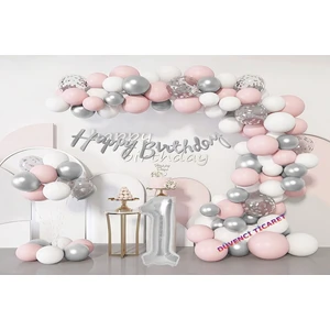 Düvenci Ticaret Lüks 1 Yaş Doğum Günü Balon Zincir Seti Pembe Gümüş 60 Adet