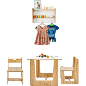 2-4 Yaş Turna Ahşap Montessori Çocuk Oyun, Aktivite Masası Sandalyesi ve Askı Ünitesi Seti