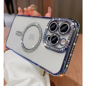 iPhone 15 Pro Uyumlu Kılıf Parlak Taşlı Simli Magsafe Özellikli Kamera Korumalı Esnek Silikon