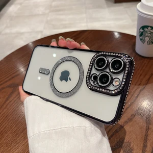 iPhone 15 Pro Uyumlu Kılıf Parlak Taşlı Simli Magsafe Özellikli Kamera Korumalı Esnek Silikon