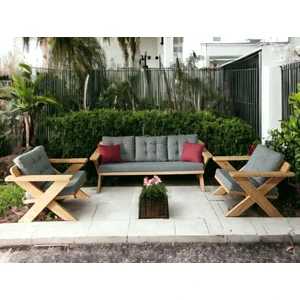 Zerka Concept Berlin Masif Ahşap Bahçe Balkon Koltuk Takımı Kestane Ağacı - 1 Adet Üçlü 2 Adet Tekli Gri A.t.