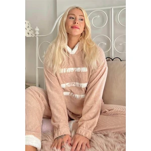 Pijama Evi Kahve Three Line Desenli Kapşonlu Peluş Polar Pijama Takımı