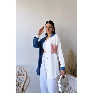 New Laviva Kadın Indigo & Pudra Uzun Kol Detaylı Renk Bloklu Oversize Gömlek Cepli Uzun Tunik Gömlek