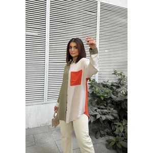 New Laviva Kadın Haki & Oranj Uzun Kol Detaylı Renk Bloklu Oversize Gömlek Cepli Uzun Tunik Gömlek