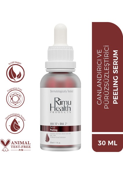 Rimu Health Products Canlandırıcı ve Cilt Tonu Eşitleyici Yüz Peeling Serum 30 ml (Aha 10% + Bha 2%)