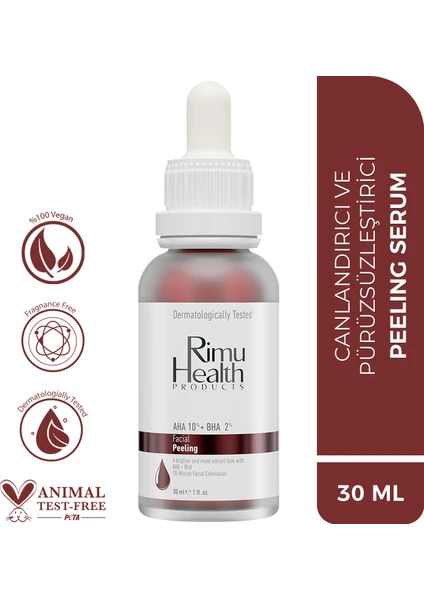 Rimu Health Products Canlandırıcı ve Cilt Tonu Eşitleyici Yüz Peeling Serum 30 ml (Aha 10% + Bha 2%)