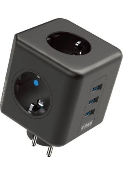 Termal Akım Korumalı Priz Çoklayıcı - 3 USB - 3 Priz Girişli Küp Priz