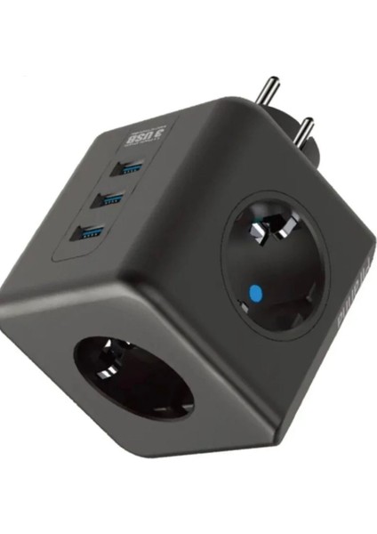 Termal Akım Korumalı Priz Çoklayıcı - 3 USB - 3 Priz Girişli Küp Priz