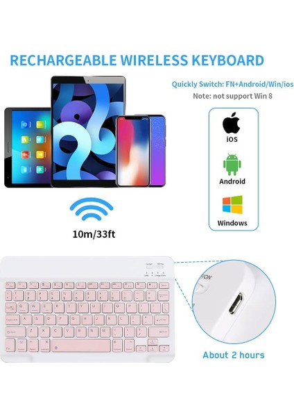 Bluetooth 10 Inç Ios Windows Android Uyumlu Kablosuz Klavye - Türkçe - Şarjlı - Sessiz - Multimedia - Ultra Ince Pembe