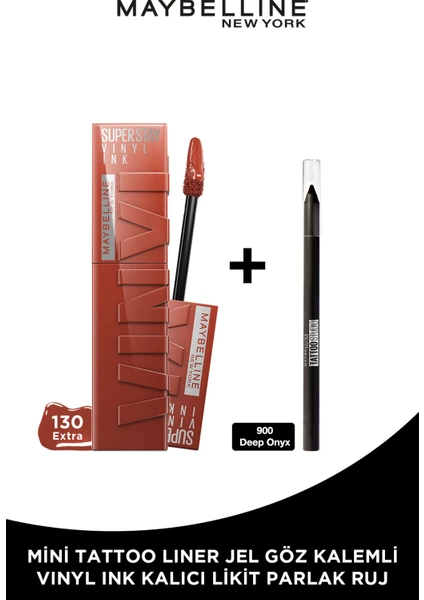 Maybelline New York Super Stay Vinyl Ink Likit Parlak Ruj 130 Extra & Mini Tattoo Liner Gel Pencil