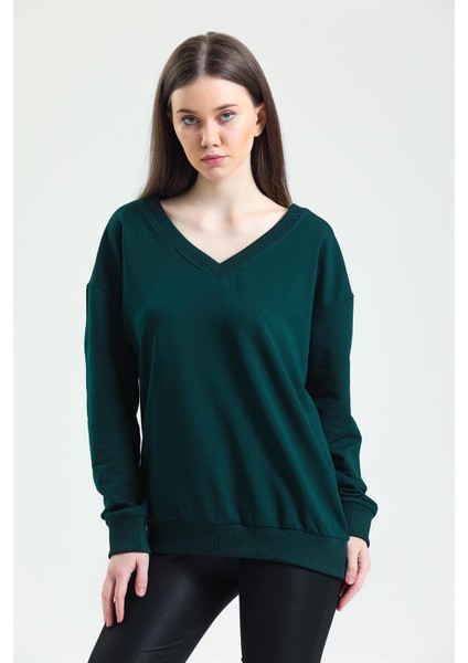 Fancy Kadın V Yaka Nefti Yeşili Regular Basic Sweatshirt