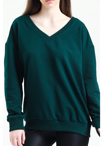 Fancy Kadın V Yaka Nefti Yeşili Regular Basic Sweatshirt