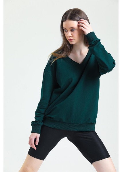 Fancy Kadın V Yaka Nefti Yeşili Regular Basic Sweatshirt