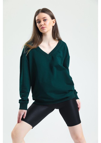 Fancy Kadın V Yaka Nefti Yeşili Regular Basic Sweatshirt