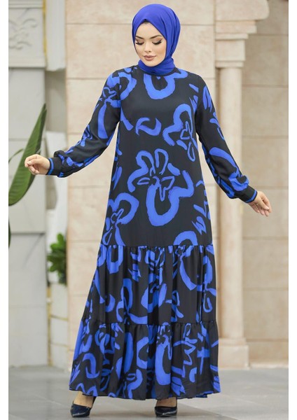 Desenli Sax Mavisi Tesettür Elbise 12437SX
