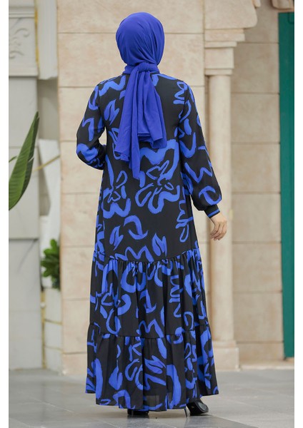 Desenli Sax Mavisi Tesettür Elbise 12437SX modelleri