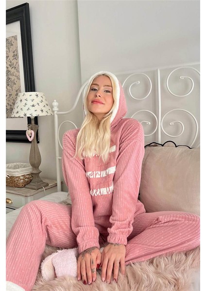 Pudra Three Line Desenli Kapşonlu Peluş Polar Pijama Takımı