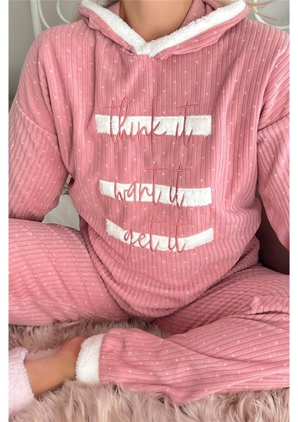 Pudra Three Line Desenli Kapşonlu Peluş Polar Pijama Takımı