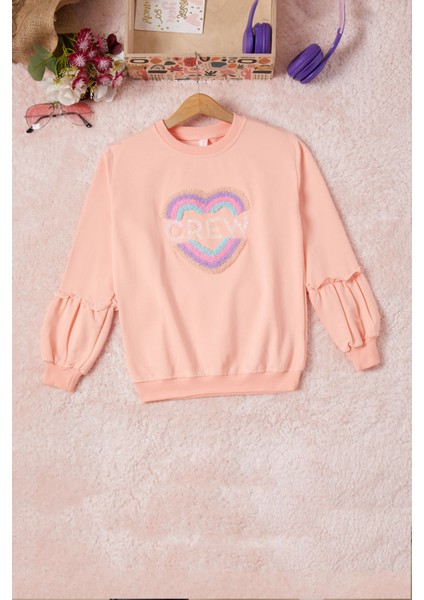 Somon Renkli Kalp Desenli Payetli Kız Çocuk Sweatshirt 16694
