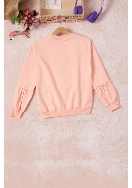 Somon Renkli Kalp Desenli Payetli Kız Çocuk Sweatshirt 16694 fırsatları