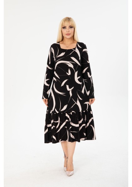 Kadın Büyük Beden Dizaltı Kare Yaka Uzun Kol Viskon Penye Şık Tasarım Rahat Elbisea