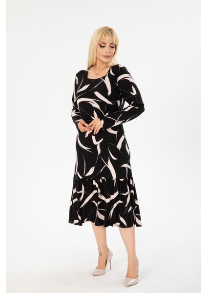 Kadın Büyük Beden Dizaltı Kare Yaka Uzun Kol Viskon Penye Şık Tasarım Rahat Elbisea fiyatları