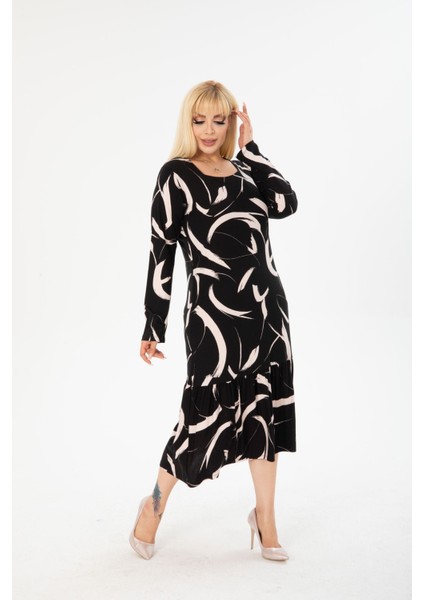 Kadın Büyük Beden Dizaltı Kare Yaka Uzun Kol Viskon Penye Şık Tasarım Rahat Elbisea indirimleri