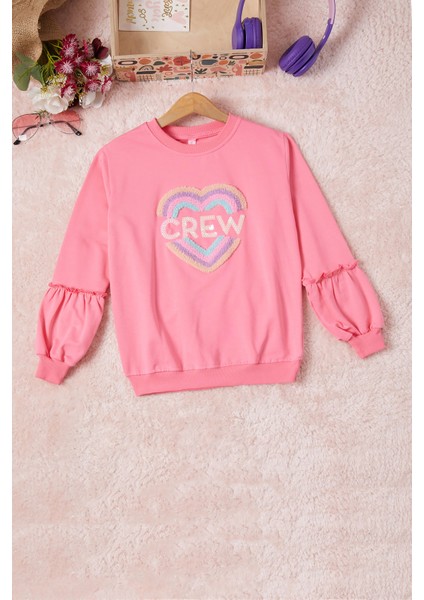 Pembe Renkli Kalp Desenli Payetli Kız Çocuk Sweatshirt 16693