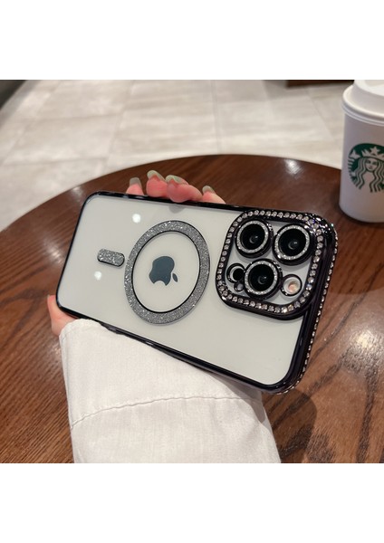 iPhone 15 Pro Max Kılıf Parlak Taşlı Simli Magsafe Özellikli Kamera Korumalı Esnek Silikon Joke Case
