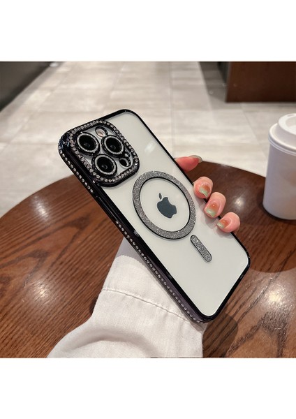 iPhone 15 Pro Max Kılıf Parlak Taşlı Simli Magsafe Özellikli Kamera Korumalı Esnek Silikon Joke Case