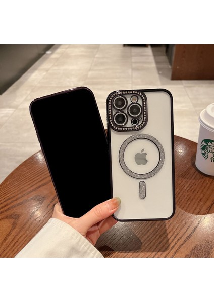 iPhone 15 Pro Max Kılıf Parlak Taşlı Simli Magsafe Özellikli Kamera Korumalı Esnek Silikon Joke Case