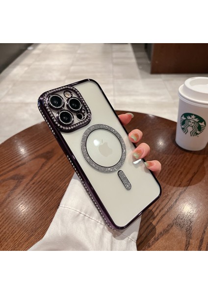 iPhone 15 Pro Max Kılıf Parlak Taşlı Simli Magsafe Özellikli Kamera Korumalı Esnek Silikon Joke Case