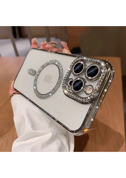 iPhone 15 Pro Uyumlu Kılıf Parlak Taşlı Simli Magsafe Özellikli Kamera Korumalı Esnek Silikon
