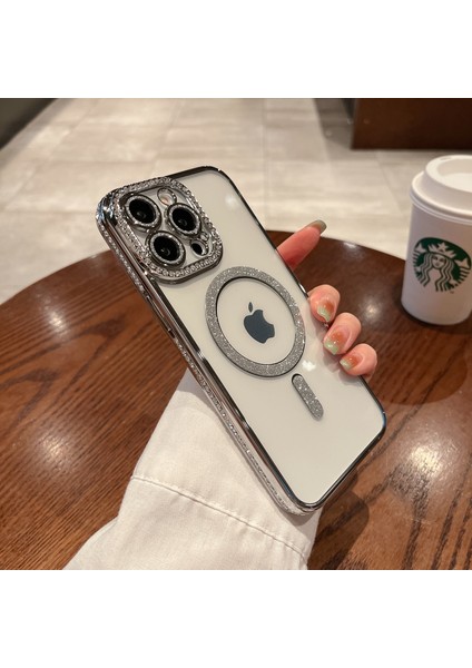iPhone 15 Pro Uyumlu Kılıf Parlak Taşlı Simli Magsafe Özellikli Kamera Korumalı Esnek Silikon fiyatları