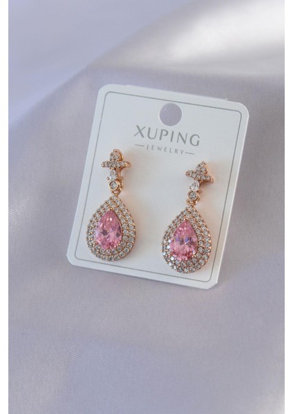 E-Bijuteri Gold Renk Pembe Kristal Damla Taş Model Zirkon Taşlı Xuping Kadın Küpe