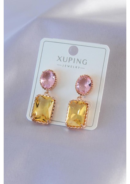 E-Bijuteri Gold Renk Sarı Kristal Taşlı Sallantı Model Xuping Kadın Küpe