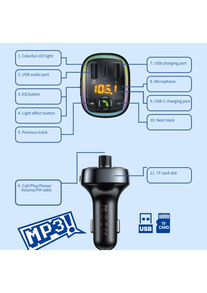 Wk Usb+Usb-C/typ-C Mp3 Bluetooth Araç Şarj Cihazı - Siyah (Yurt Dışından)
