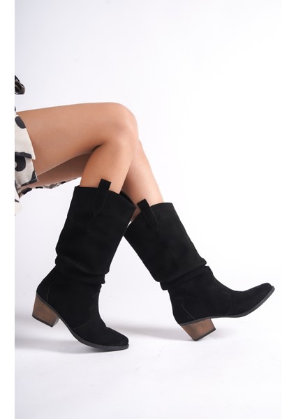 MBHJ290-S Siyah Süet Kısa Kalın Topuklu Kadın Körüklü Bot & Bootie