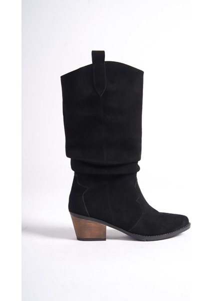 MBHJ290-S Siyah Süet Kısa Kalın Topuklu Kadın Körüklü Bot & Bootie fiyatları