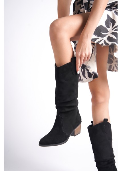 MBHJ290-S Siyah Süet Kısa Kalın Topuklu Kadın Körüklü Bot & Bootie modelleri