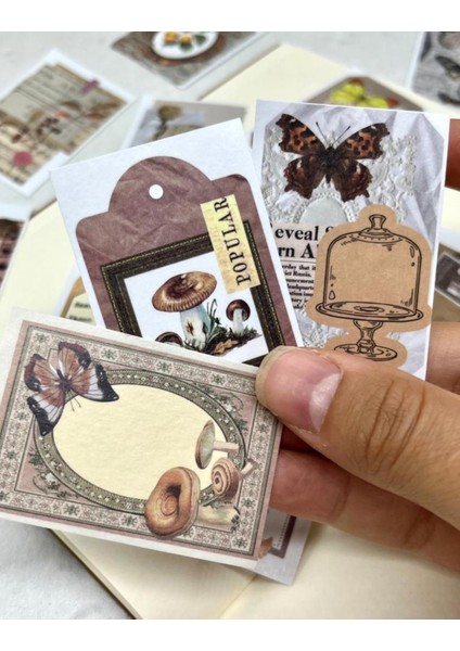 Vintage Kelebek Kırmızı 50 Yaprak Defter Sticker Çıkartma Bullet Journal Defter Süsleme