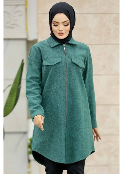 Neva Style Fermuarlı Çağla Yeşili Tesettür Kaşe Tunik 5944CY