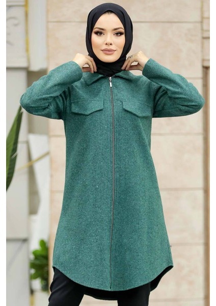 Neva Style Fermuarlı Çağla Yeşili Tesettür Kaşe Tunik 5944CY