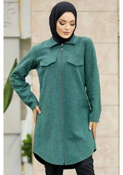 Neva Style Fermuarlı Çağla Yeşili Tesettür Kaşe Tunik 5944CY