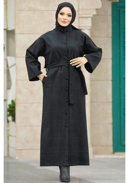 Ekoseli Siyah Tesettür Kaşe Kap 5945S