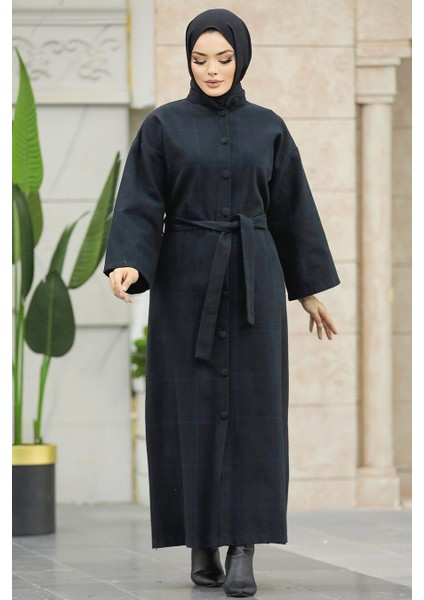 Ekoseli Koyu Lacivert Tesettür Kaşe Kap 5945KL