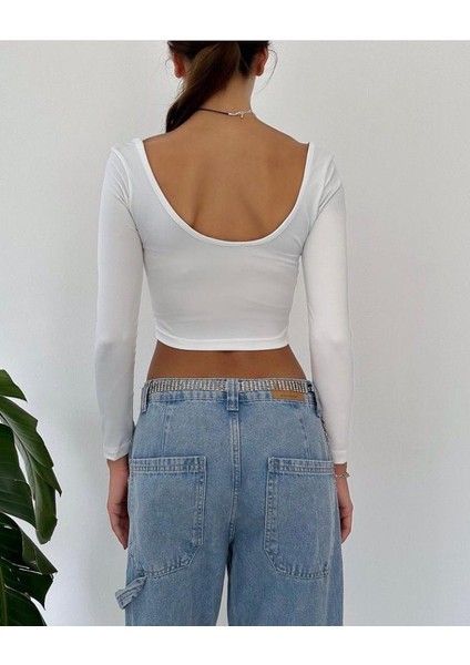 Mare Butik Kadın Kare Yaka Uzun Kol Sırtı U Detaylı Crop Top Bluz