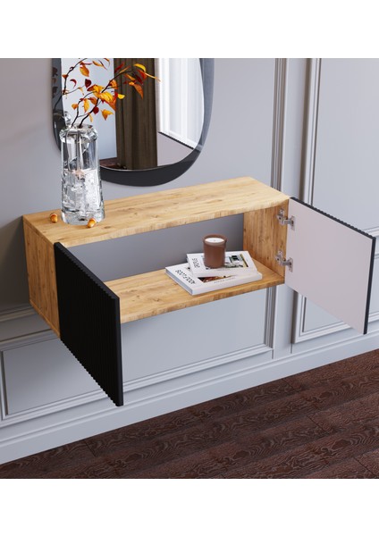 Ahşap Görünümlü Siyah Kapaklı Çok Amaçlı Duvara Monte Makyaj Masası Dresuar Tv Ünitesi modelleri