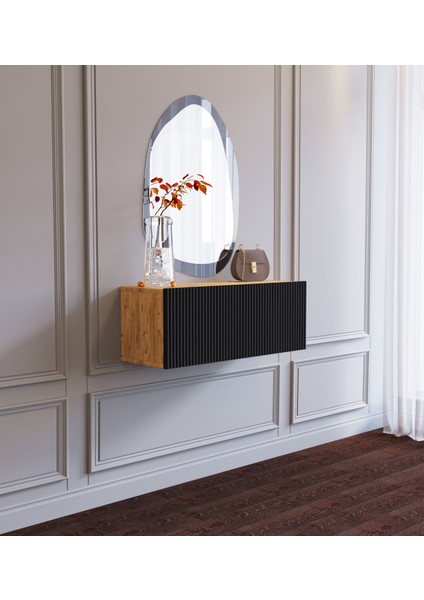Ahşap Görünümlü Siyah Kapaklı Çok Amaçlı Duvara Monte Makyaj Masası Dresuar Tv Ünitesi