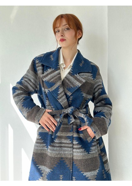 Özel Tasarım Retro Model Oversize Kruvaze Kareli Kaşe Kaban Kadın Füme